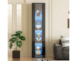 MEUNIQ vitrinekast 40 x 29 x 170 cm met 4 niveaus, glazen displaykast met LED-kleurverlichting en app-bediening, zwarte kast voor woonkamer of kantoor
