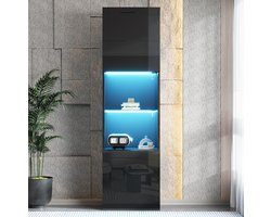 MEUNIQ vitrinekast 45 x 35 x 160 cm met LED-verlichting, 1 glazen plank, hoogglans zwarte displaykast en opbergkast voor woonkamer, slaapkamer of kantoor
