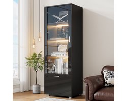 MEUNIQ vitrinekast 50 x 40 x 160 cm met acryl deur, 3 glazen planken, LED-verlichting, 1 lade en gesloten opbergruimte, hoogglans zwart voor woonkamer of werkkamer