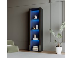 MEUNIQ vitrinekast 55 x 38 x 166 cm met LED-verlichting, 3 glazen planken, hoogglans zwart, staande opbergkast voor woonkamer, slaapkamer of kantoor