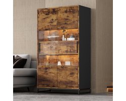 MEUNIQ vitrinekast 80 x 40 x 138 cm met LED-verlichting, 2 lades, 2 acryl deuren en 6 vakken, buffetkast voor woonkamer of studeerkamer, zwart en naturel