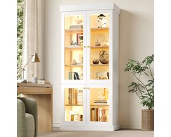 MEUNIQ vitrinekast 80 x 40 x 180 cm met glazen deuren, geïntegreerde LED-verlichting, verstelbare planken en antikantelvoorziening voor woonkamer of slaapkamer, wit