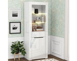 MEUNIQ vitrinekast boekenkast met app-gestuurde LED-verlichting, lade en gesloten opbergruimte, 60 x 35,5 x 165 cm, staande kast voor woonkamer, kantoor of eetkamer, wit