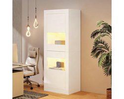 MEUNIQ vitrinekast met LED-verlichting 61 x 42 x 162 cm, witte vrijstaande kast met 2 deuren, 3 verstelbare glasplanken en opbergruimte voor woonkamer of werkkamer