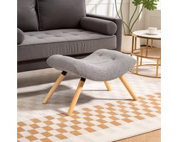 MEUNIQ voetenbankje en hocker 67 x 45 x 38 cm met berberfleece stof, houten beukenhouten poten, belastbaar tot 120 kg, voor woonkamer of slaapkamer, lichtgrijs