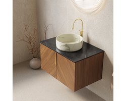 MEUNIQ Wandbadkamermeubel 76 cm met ronde keramische opzetwaskom, zwart blad van gesinterde steen, 2 deuren en zacht sluitende deuren