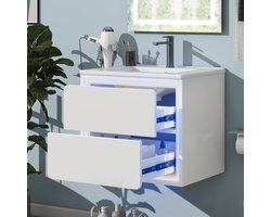 MEUNIQ Wandhangend badkamermeubel 60 x 46 x 50 cm met geïntegreerde keramische wastafel, 2 lades, LED-radarsensorverlichting en overloop, wit
