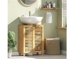 MEUNIQ wastafelonderkast 60 x 30 x 80 cm met lameldeuren, verstelbare plank en U-vormige uitsparing, bamboe badmeubel voor badkamer, naturel