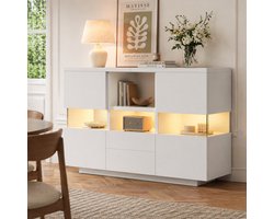 MEUNIQ wit dressoir 140 x 35 x 75 cm met LED, open vakken, lades en gesloten opbergruimte voor de woonkamer