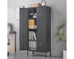MEUNIQ Zwarte metalen archiefkast 70 x 35 x 160 cm met 2 deuren, 3 verstelbare planken, ventilatiegaten en magnetische sluiting voor kantoor en thuisopslag