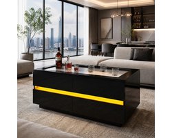 MEUNIQ Zwarte salontafel 100 x 50 x 40 cm met 4 lades, LED-verlichting, gehard glazen blad en hoogglansfronten voor woonkamer, 35 kg draagvermogen