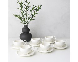 Mevaz 12-delige Koffiekopjes Set – Porselein – 200 ml – Met Schotels – Modern Design – Wit