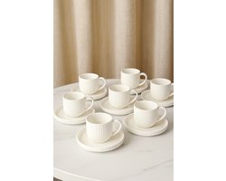 Mevaz 12-delige Koffiekopjesset – 200ml Porselein – Elegant Geribbeld Design – Wit