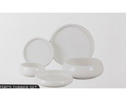 Mevaz Chubby 25-delige Dinnerset – Serviesset voor 6 personen – Borden, Soepborden, Kommen, Dessertborden & Saladeschaal – Wit Servies – Vaatwasser- & Magnetronbestendig