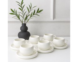 Mevaz Chubby Espresso Kopjes met Schoteltje – 120 ml – Porselein – Wit – Moderne Rond Vorm - Set van 6