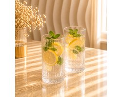 Mevaz Drinkglazen Set van 6 – 460 ml – Geribbeld Glas – Waterglazen – Frisdrankglazen – Transparant – Modern Design
