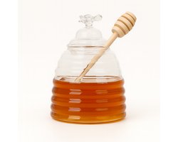 Mevaz Glazen Honingpot met Houten Lepel – Bijenkorf Ontwerp – Luchtdichte Deksel – Ideaal voor Honing, Siropen & Zoetstoffen – 500 ml