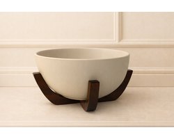 Mevaz Keramische Schaal met Houten Standaard – 18Ø cm – Crème Beige – Decoratieve Fruitschaal – Modern Design