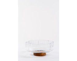 Mevaz – Luxe Bloemvormige Saladeschaal - Fruitschaal - op Houten Voet – Ø20.5 cm – 1.46L – Geribbeld Glazen Design