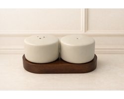 Mevaz Luxe Zout & Peper Set – Keramische Strooiers met Houten Houder – Crème Beige – Japandi Design