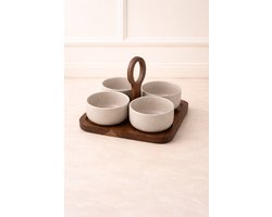 Mevaz Tapas Schaaltjes Set van 4 met Houten Tray – Ø10 cm – 4,5 cm Hoog – Dipschaaltjes & Snackschaaltjes – Japandi Design