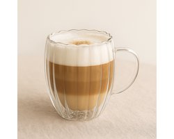 Mevaz - Thee glazen met oor - Koffie Glazen - Dubbelwandige Glazen - Latte Macchiato glazen - Geribbelde glazen - cappuccino - set van 2 stuks - 350ml