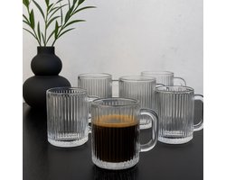 Mevaz Theeglazen - Set van 6 theeglazen met handvat - 350 ml - Ribbel glazen - Geribbelde design glazen