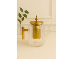 Mevaz Theepot met Zeef – Gouden Accenten – Glas – 800ml – Met Deksel – Geribbeld – Design