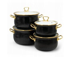 Meyerhoff 8-Delige Emaille Pannenset – Gehard Glazen Deksels – Gouden Handvatten – Zwart Patroon – Geschikt voor Alle Warmtebronnen