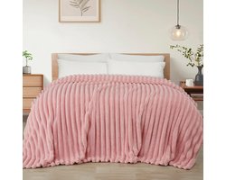 Mezcla Fleece deken, flanellen, super zachte, jacquard gestreepte, lichtgewicht, wollige, knusse deken, voor op bed, voor alle seizoenen, kingsize, ca. 228 x 264 cm, roze