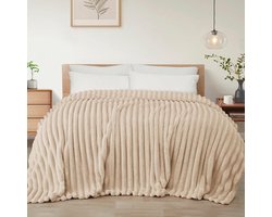 Mezcla Fleece deken, flanellen, super zachte, jacquard gestreepte, lichtgewicht, wollige, knusse deken, voor op bed, voor alle seizoenen, kingsize, ca. 228 x 264 cm, beige