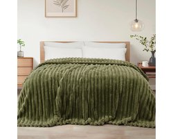 Mezcla Fleece deken, flanellen, super zachte, jacquard gestreepte, lichtgewicht, wollige, knusse deken, voor op bed, voor alle seizoenen, kingsize, ca. 228 x 264 cm, olijfgroen