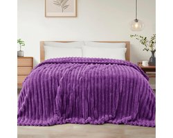 Mezcla King Size Flanel Fleece Deken, Super Zacht Gestreepte Jacquard Beddeken, Lichtgewicht Pluizig Gezellig voor Alle Seizoenen, 230x265 CM, Paars