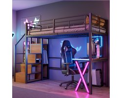 mezzanine bed - 90x200cm - met LED-verlichting - opbergladder - bureau - kledingkast - planken - zonder matras - zwart