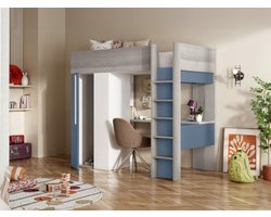 Mezzanine Bed Noaahome “Nicolas Loft” – Kinderbed 90x200 cm – Blauw & Wit – Inclusief Bureau en Kleerkast – Gemelamineerd Houten Frame – Ruimtebesparend & Functioneel – Met Bedbodem – Stijlvol Kinder- en Jongenskamer Meubel
