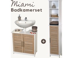 Miami Badkamerset - Wastafel onderkast - Wastafelmeubel - Kolomkast - Badkamerkast - Complete set - Wit/Eiken - Badkamer onderkast