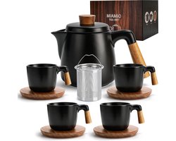 Miamio - 1000 ml keramische theepot set met thee-ei en kopjes/theezeef, 4 keramische thee mokken (300 ml), bamboe schotels/handvat voor thuis en kantoor (Zwarte)