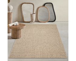 Mia’s Teppiche Soil - Robuust In- en Outdoor vloerkleed, natuurlijk jute-look met cirkelmotief, weerbestendig, geschikt voor terras en tuin, 140 x 200 cm