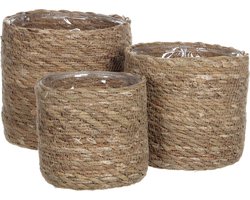 Mica Decorations Atlantic Plantenmand - Set van 3 - H16 x Ø16 cm - Zeegras - Lichtbruin