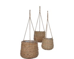 Mica Decorations Avalon Hangpot - Set van 3 - H90 x Ø30 cm - Zeegras - Lichtbruin