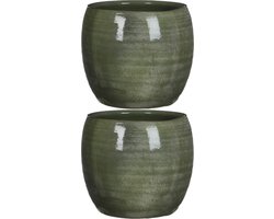 Mica Decorations Bloempot - 2x stuks - groen - glanzend - keramiek - 24 x 22 cm - plantenpotten binnen