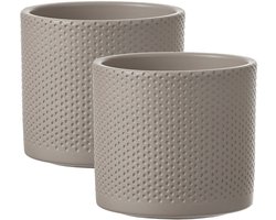Mica Decorations Bloempot - 2x - taupe - relief - keramiek - D13 x H12 cm - plantenpotten binnen