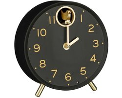 Mica Decorations Bonny Klok Zwart - Ronde Klok met Speels Vogeltje bij de 12 - Stijlvolle Tafelklok voor Dressoir, Wandplank of Vensterbank - Kunststof - H9 x Ø17,5 cm