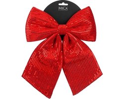 Mica Decorations Decoratie strik ornament - rood - 24 x 28 cm - polyester pailletten - strik