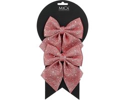 Mica Decorations Decoratie strikken - 2x st - roze met glitter - 12 x 13 cm - kerstboomstrikjes