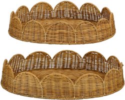 Mica Decorations Eleta Rond Dienblad - Set van 2 - Decoratie Woonkamer - Ook leuk als Kaarsenplateau, Onderzetter of Plantenonderzetter - Rotan, IJzer - Bruin