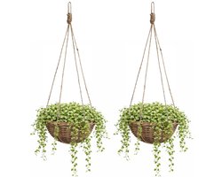 Mica Decorations Hangmand - 2x - D30 x H15 cm - gevlochten wilg - hangende plantenbak met ketting - bloempot - gevlochten