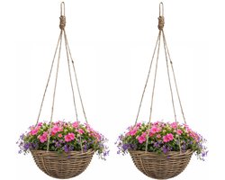 Mica Decorations Hangmand - 2x - D40 x H20 cm - gevlochten wilg - hangende plantenbak met ketting - bloempot - gevlochten