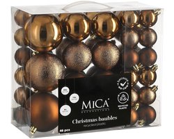 Mica Decorations Kerstballen Set - 46 Stuks - Ø4 cm, Ø6 cm en Ø8 cm - Onbreekbaar - Bruin