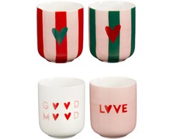 Mica Decorations Koffiebekers Hart Set van 4 Stuks - Koffiemokken Wit Rood Groen Roze met Hartendessin en Tekst - Geschikt voor Koffie, Thee en Cappuccino - H9 x Ø7,5 cm - Keramiek
